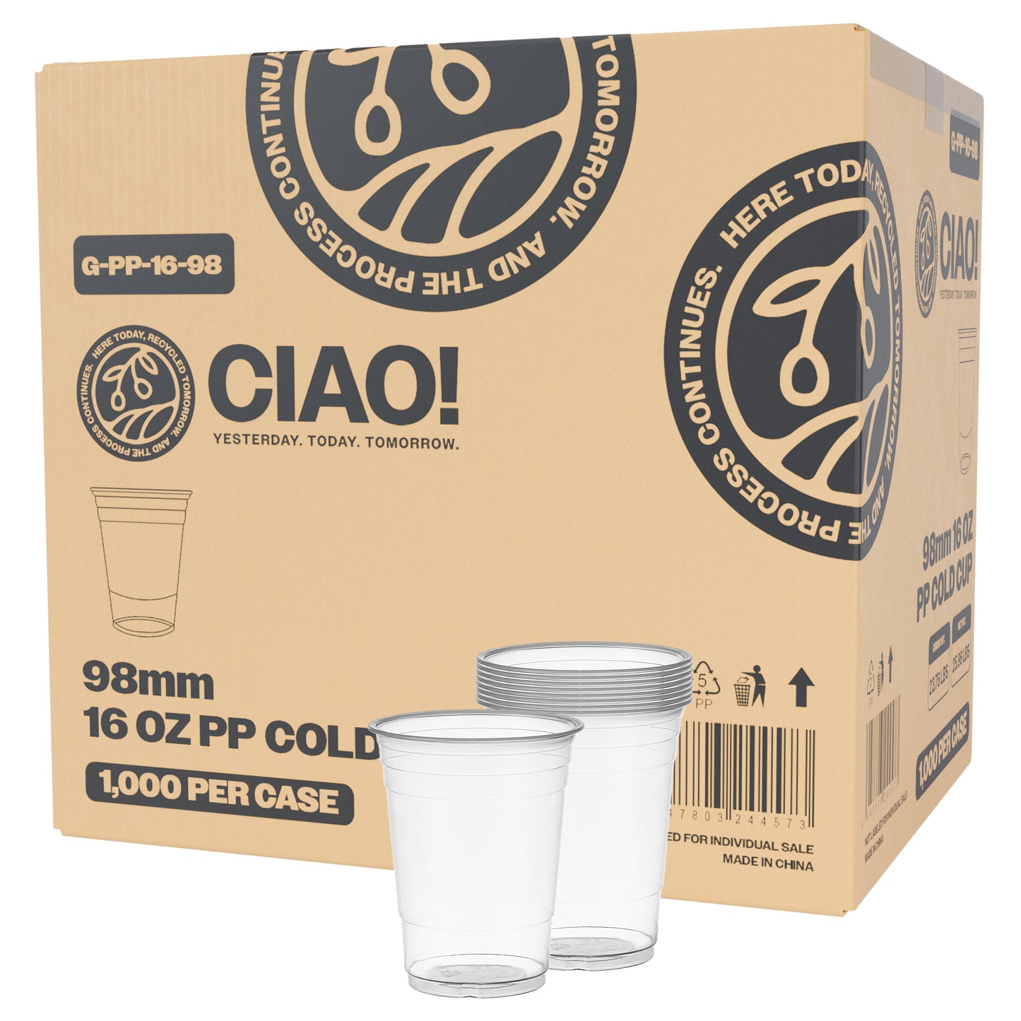 CIAO! 16OZ PP Plastic Cold Drink Cup, Great for Smoothies, Iced Coffee, Boba and Cold Drinks, 98mm (Case of 1,000)