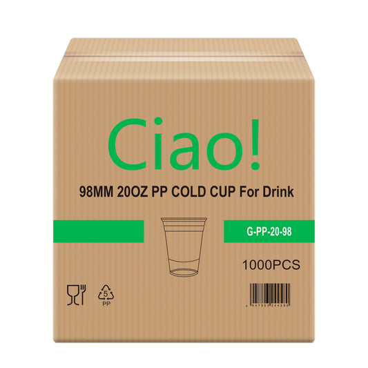 CIAO! 20OZ PP Plastic Cold Drink Cup, Great for Smoothies, Iced Coffee, Boba and Cold Drinks, 98mm (Case of 1,000)