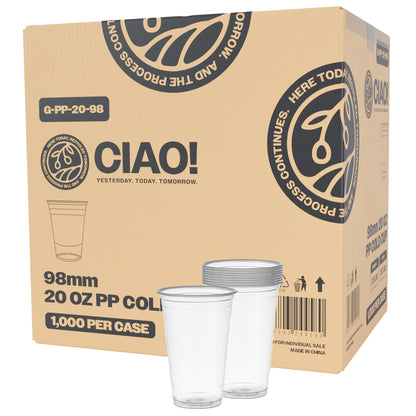 CIAO! 20OZ PP Plastic Cold Drink Cup, Great for Smoothies, Iced Coffee, Boba and Cold Drinks, 98mm (Case of 1,000)