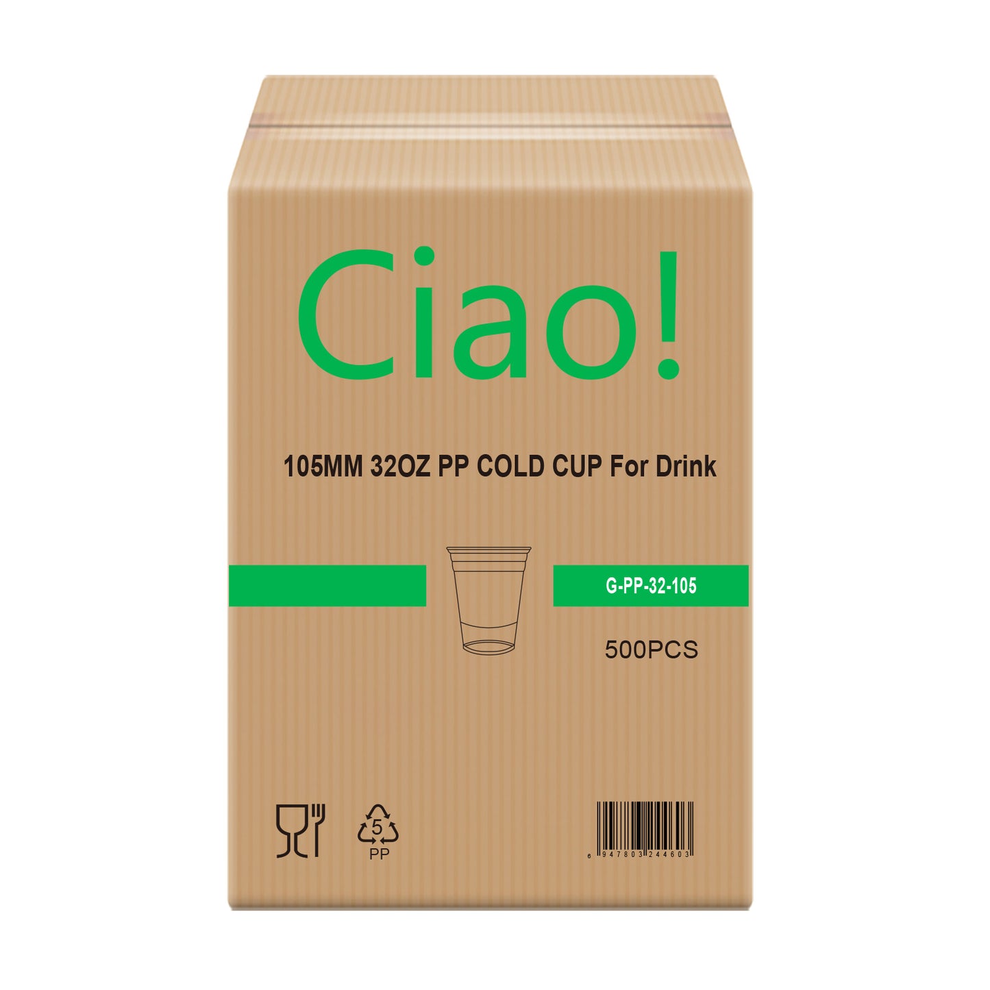 CIAO! 32OZ PP Plastic Cold Drink Cup, Great for Smoothies, Iced Coffee, Boba and Cold Drinks, 105mm (Case of 500)