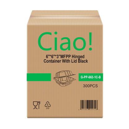 CIAO! 6"x6"x3" MFPP Black Hinged Container With Lid 1 Compartment (Case of 300)