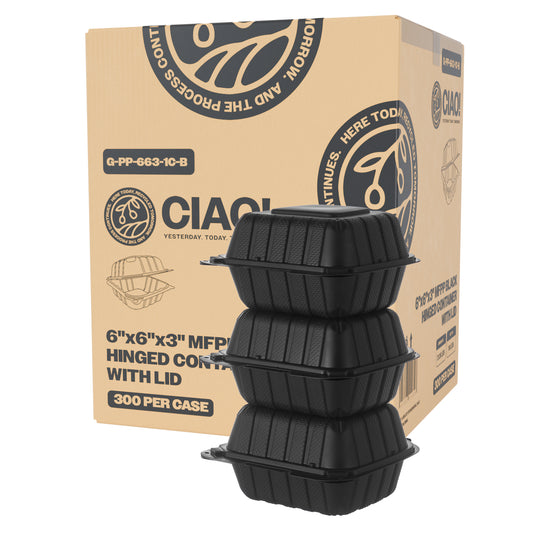 CIAO! 6"x6"x3" MFPP Black Hinged Container With Lid 1 Compartment (Case of 300)