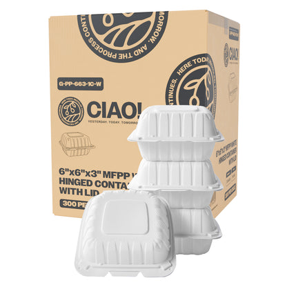 CIAO! 6"x6"x3" MFPP White Hinged Container With Lid 1 Compartment (Case of 300)