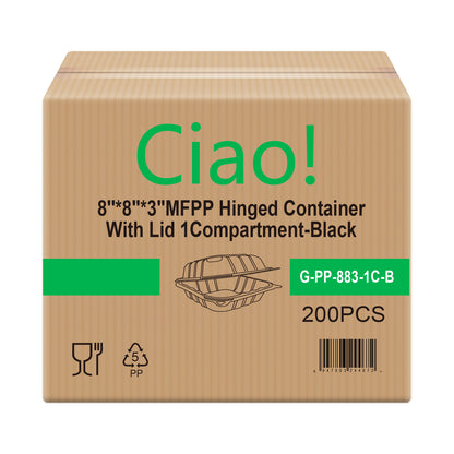 CIAO! 8"x8"X3" MFPP Black Hinged Container With Lid 1 Compartment (Case of 200)