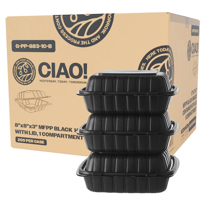 CIAO! 8"x8"X3" MFPP Black Hinged Container With Lid 1 Compartment (Case of 200)