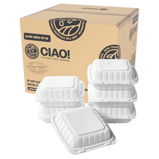 CIAO! 8"x8"X3" MFPP White Hinged Container With Lid 1 Compartment (Case of 200)