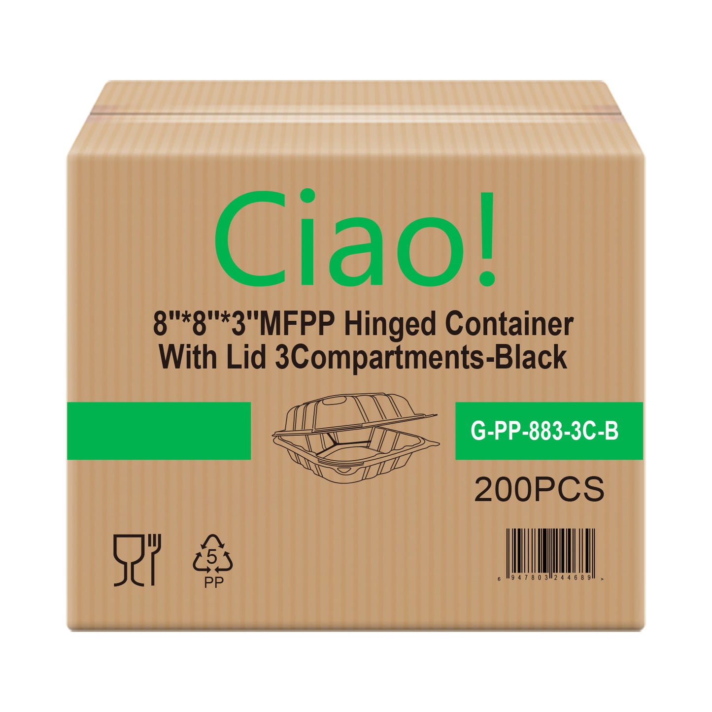CIAO! 8"x8"x3" MFPP Black Hinged Container With Lid 3 Compartment (Case of 200)