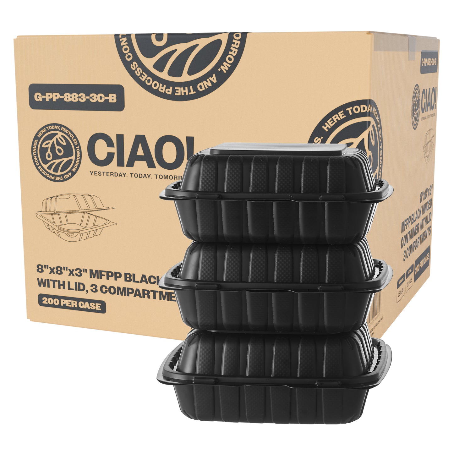 CIAO! 8"x8"x3" MFPP Black Hinged Container With Lid 3 Compartment (Case of 200)