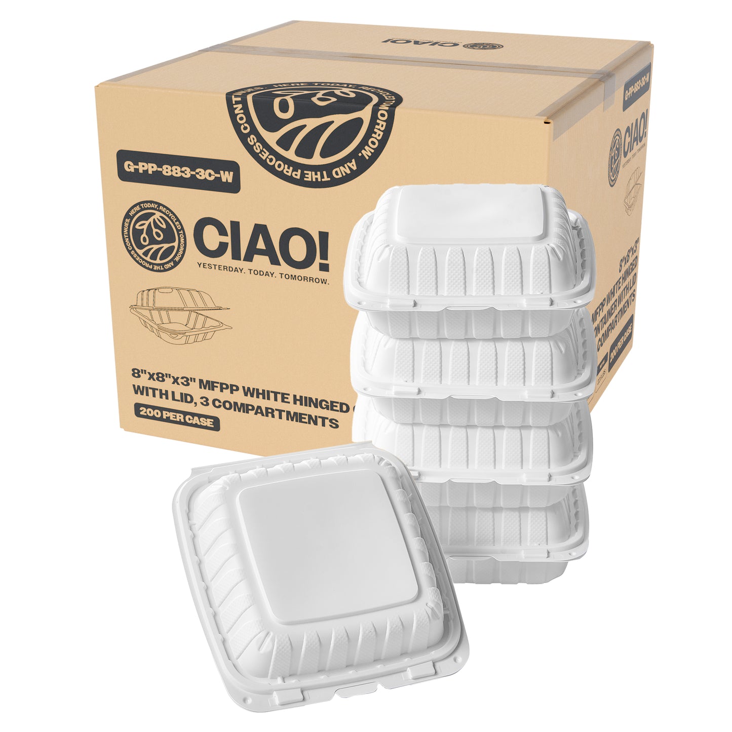 CIAO! 8"x8"x3" MFPP White Hinged Container With Lid 3 Compartment (Case of 200)