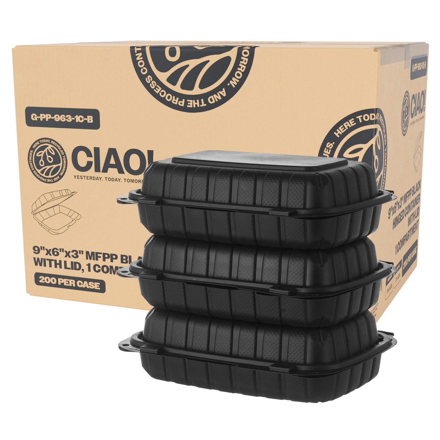 CIAO! 9"x6"x3" MFPP Black Hinged Container With Lid 1 Compartment (Case of 200)