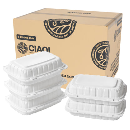 CIAO! 9"x6"x3" MFPP White Hinged Container With Lid 1 Compartment (Case of 200)