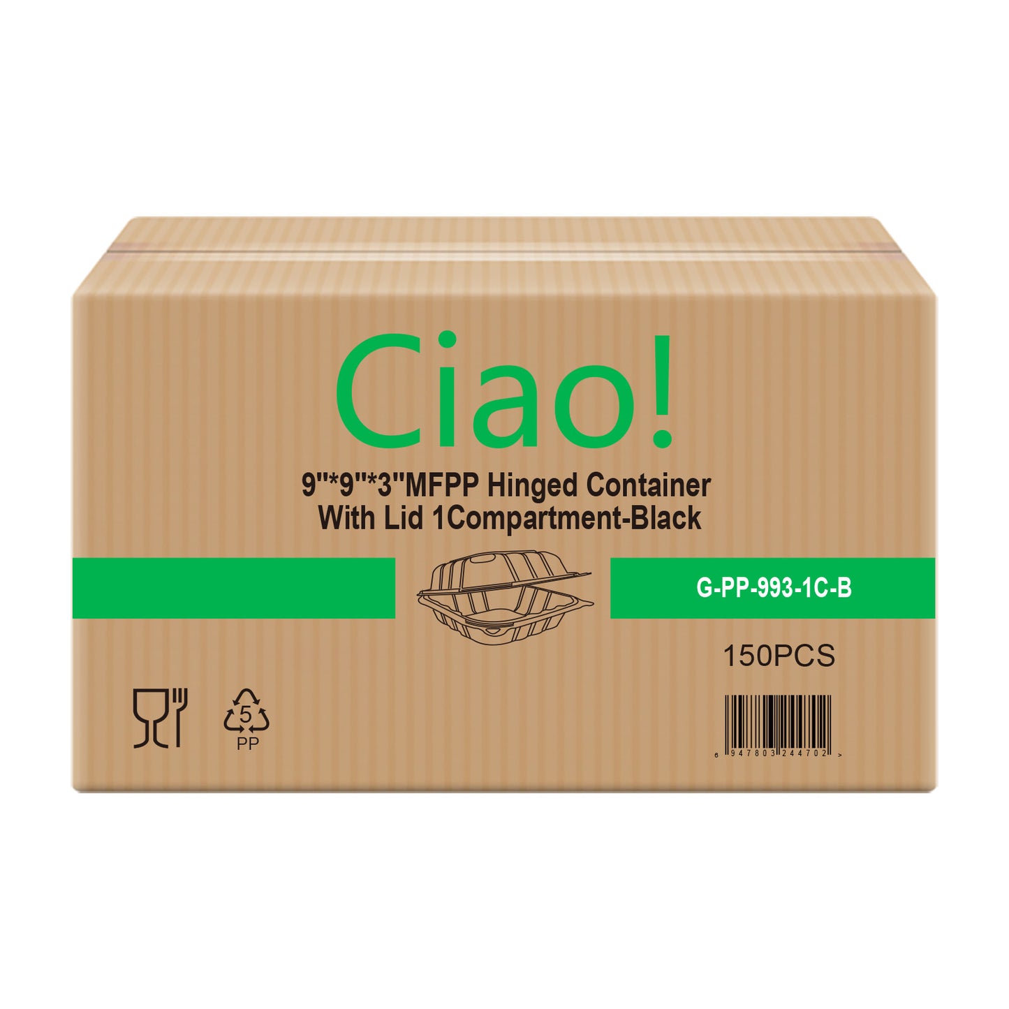 CIAO! 9"x9"x3" MFPP Black Hinged Container With Lid 1 Compartment (Case of 150)