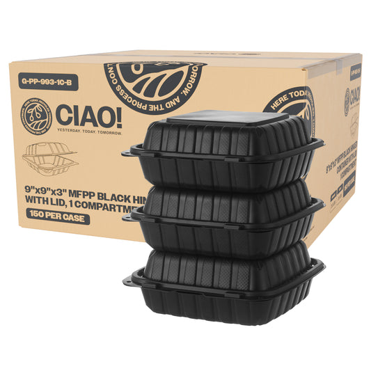 CIAO! 9"x9"x3" MFPP Black Hinged Container With Lid 1 Compartment (Case of 150)