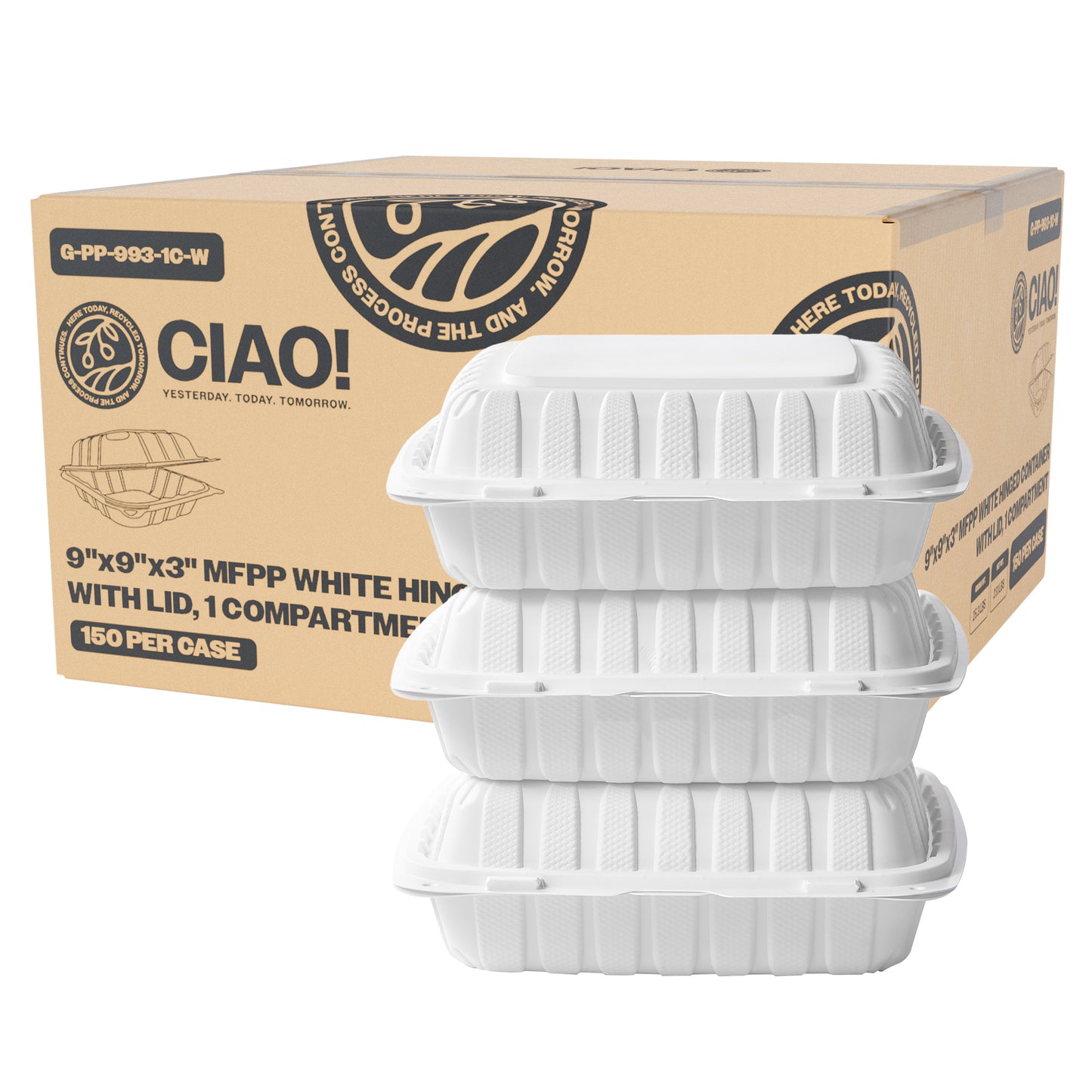 CIAO! 9"x9"x3" MFPP White Hinged Container With Lid 1 Compartment (Case of 150)