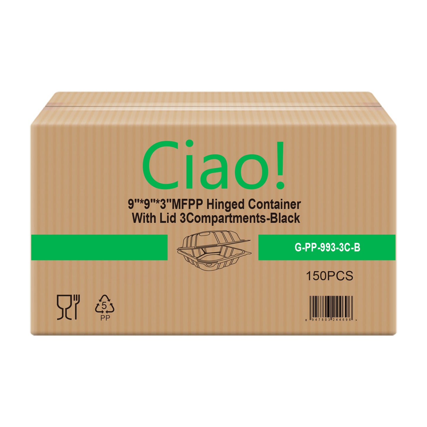 CIAO! 9"x9"x3" MFPP Black Hinged Container With Lid 3 Compartment (Case of 150)