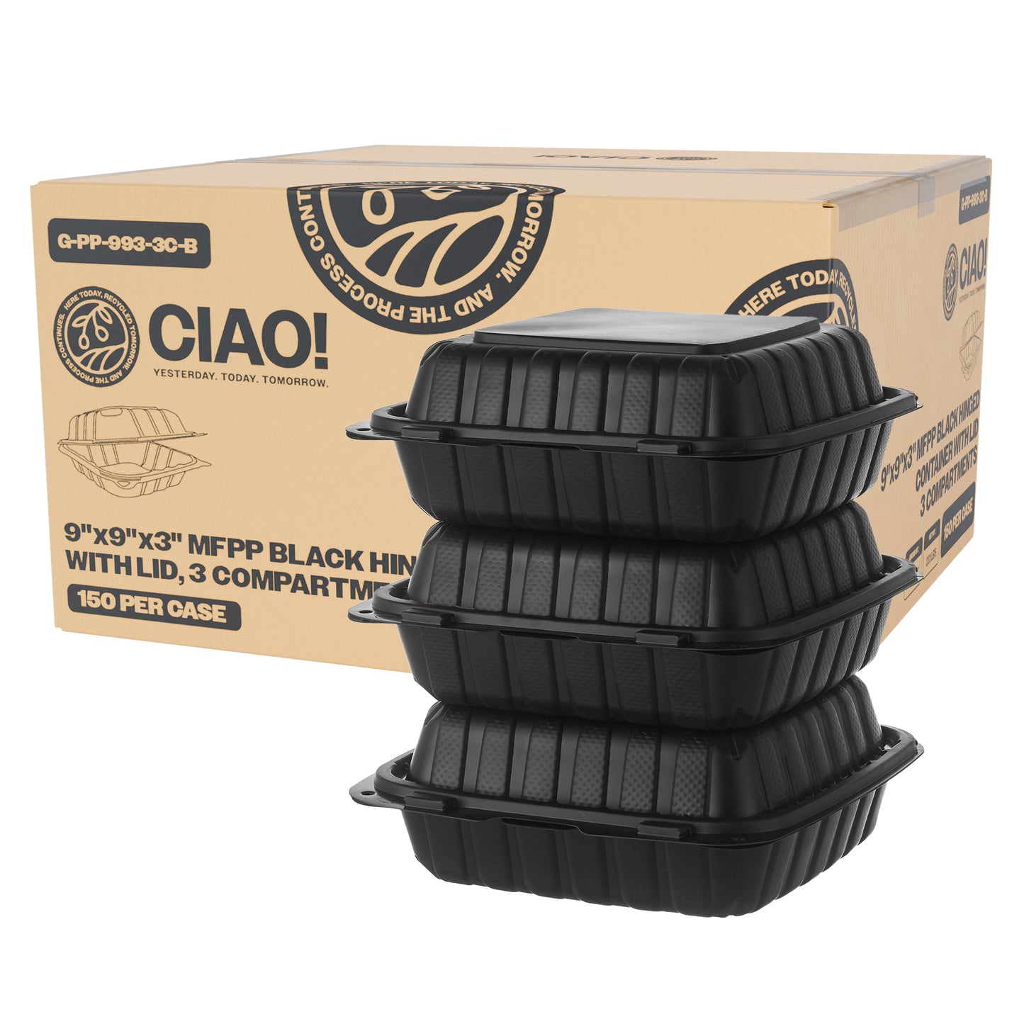 CIAO! 9"x9"x3" MFPP Black Hinged Container With Lid 3 Compartment (Case of 150)