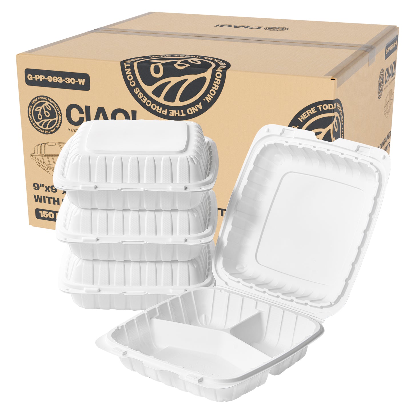 CIAO! 9"x9"x3" MFPP White Hinged Container With Lid 3 Compartment (Case of 150)