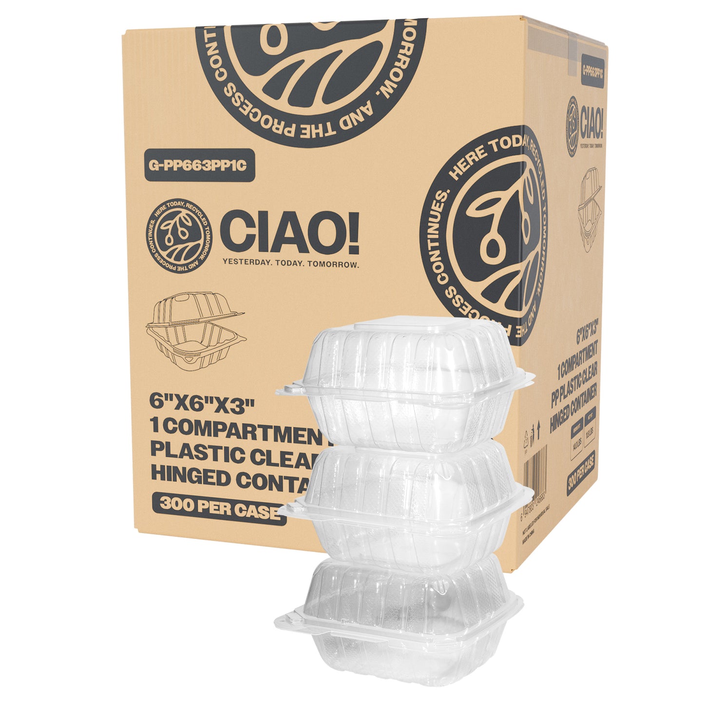 CIAO! 6"x6"x3" 1 Compartment PP Plastic Clear Hinged Container for Take Out (Case of 300)