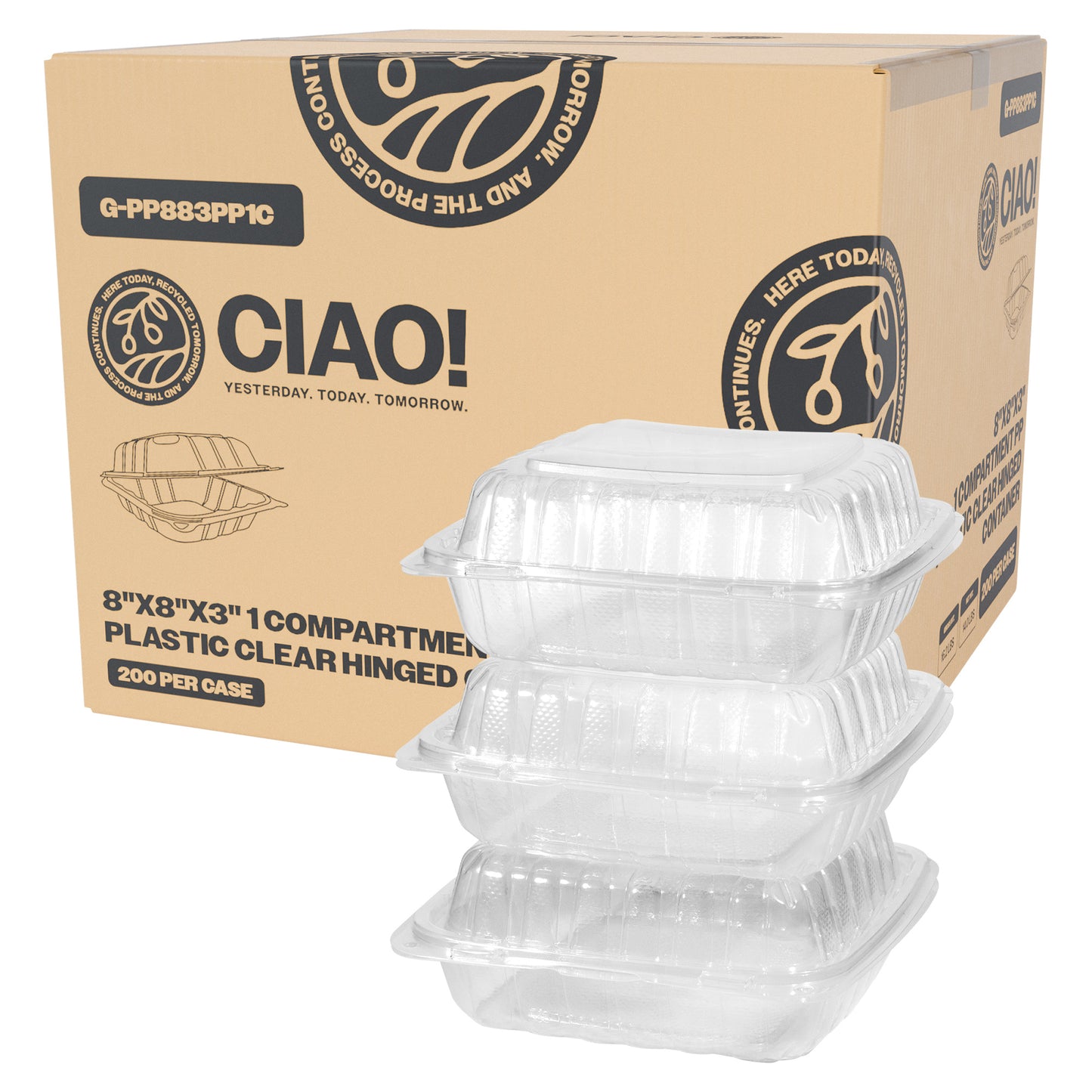 CIAO! 8"x8"x3" 1 Compartment PP Plastic Clear Hinged Container for Take Out (Case of 200)