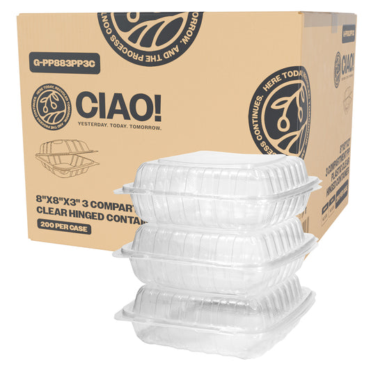 CIAO! 8"x8"x3" 3 Compartment PP Plastic Clear Hinged Container for Take Out (Case of 200)