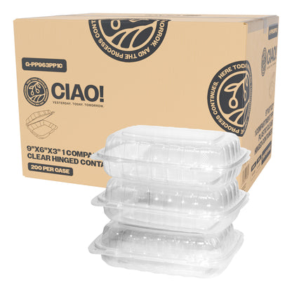 CIAO! 9"x6"x3" 1 Compartment PP Plastic Clear Hinged Container for Take Out (Case of 200)