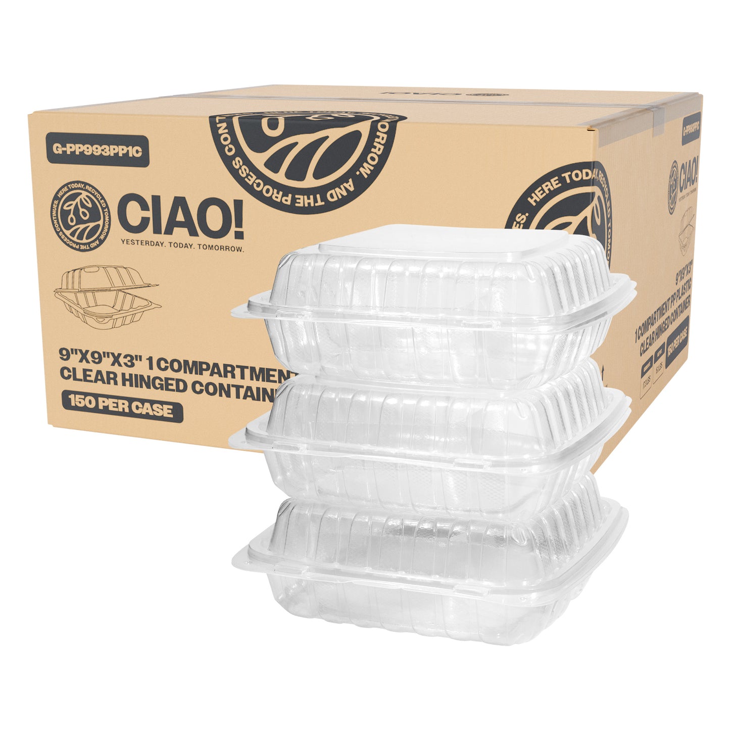 CIAO! 9"x9"x3" 1 Compartment PP Plastic Clear Hinged Container for Take Out (Case of 150)