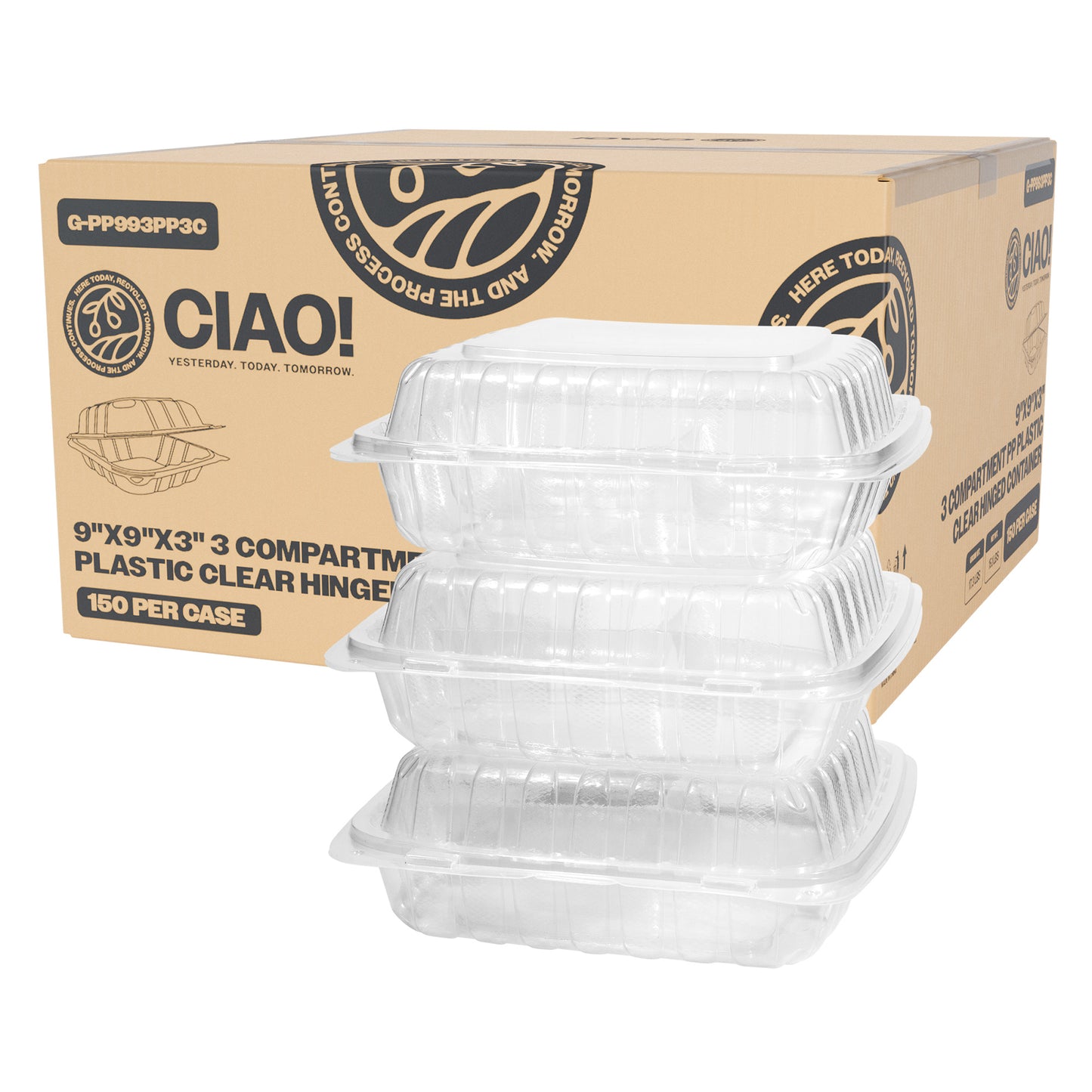 CIAO! 9"x9"x3" 3 Compartment PP Plastic Clear Hinged Container for Take Out (Case of 150)