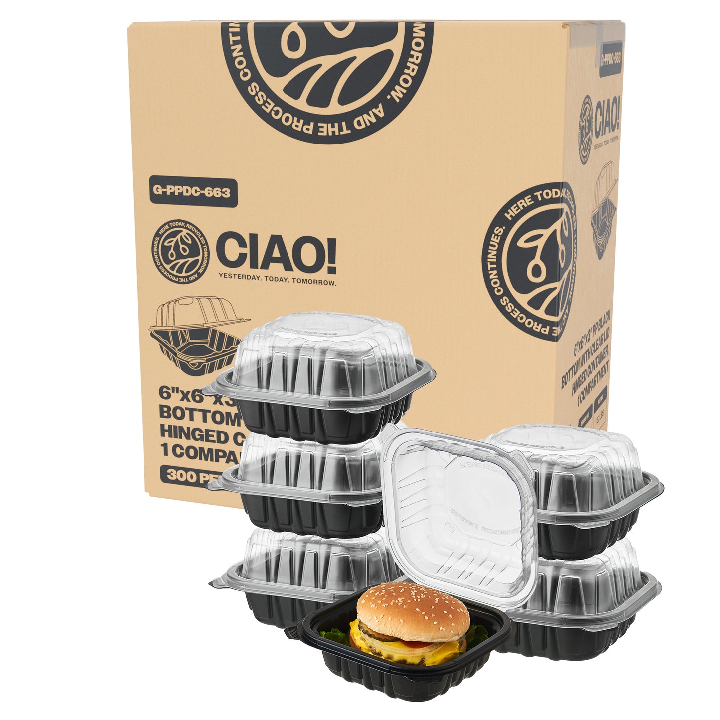 CIAO! 6"x6"x3" Polypropylene Black bottom with Clear Lid Hinged Container 1 Compartment Take Out Container, Microwavable, Recyclable and Reusable, (Case of 300)