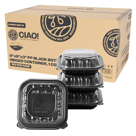 CIAO! 8"x8"x3" Polypropylene Black bottom with Clear Lid Hinged Container 1 Compartment Take Out Container, Microwavable, Recyclable and Reusable, (Case of 150)