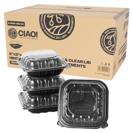 CIAO! 8"x8"x3" Polypropylene Black bottom with Clear Lid Hinged Container 3 Compartment Take Out Container, Microwavable, Recyclable and Reusable, (Case of 150)