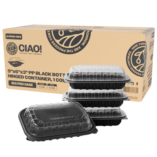 CIAO! 9"x6"x3" Polypropylene Black bottom with Clear Lid Hinged Container 1 Compartment Take Out Container, Microwavable, Recyclable and Reusable, (Case of 150)