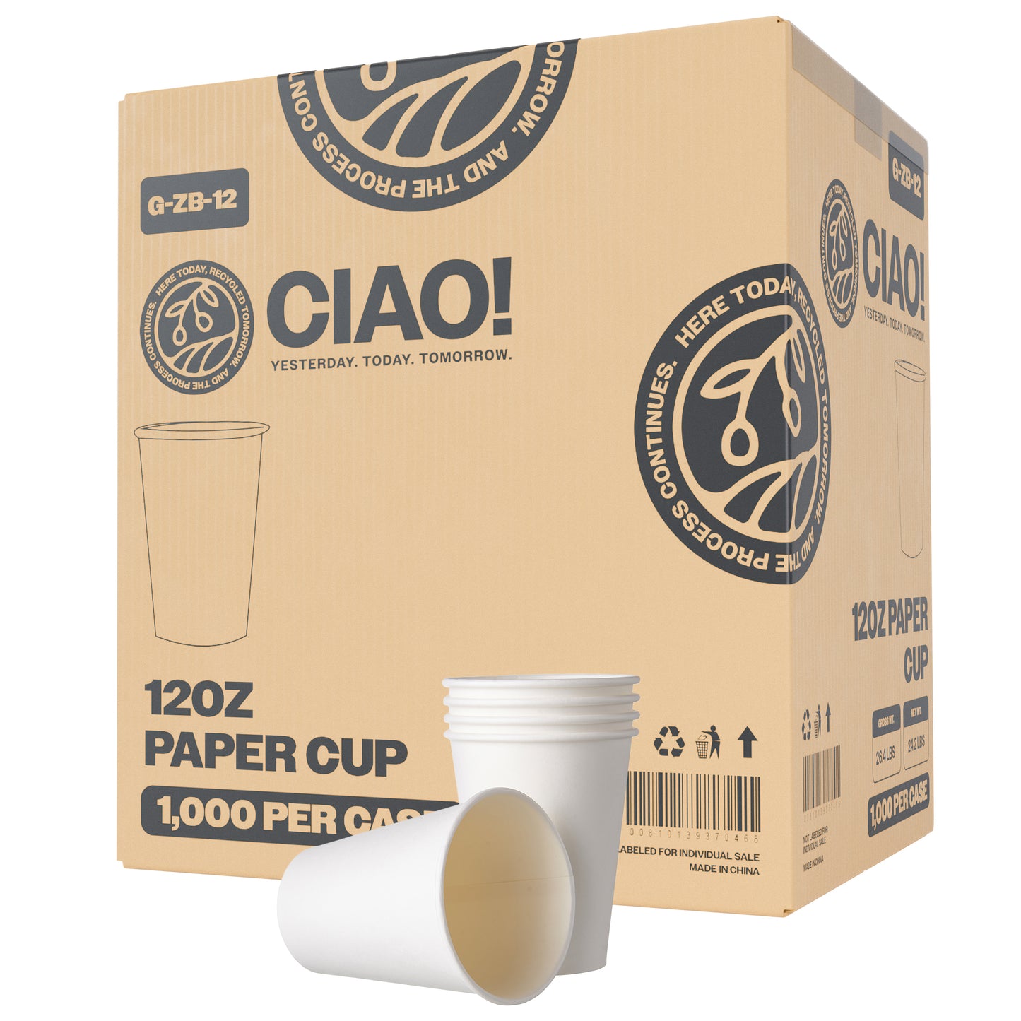 CIAO! Paper Hot Cup, 12 oz Disposable Cup, White, 1,000 Count