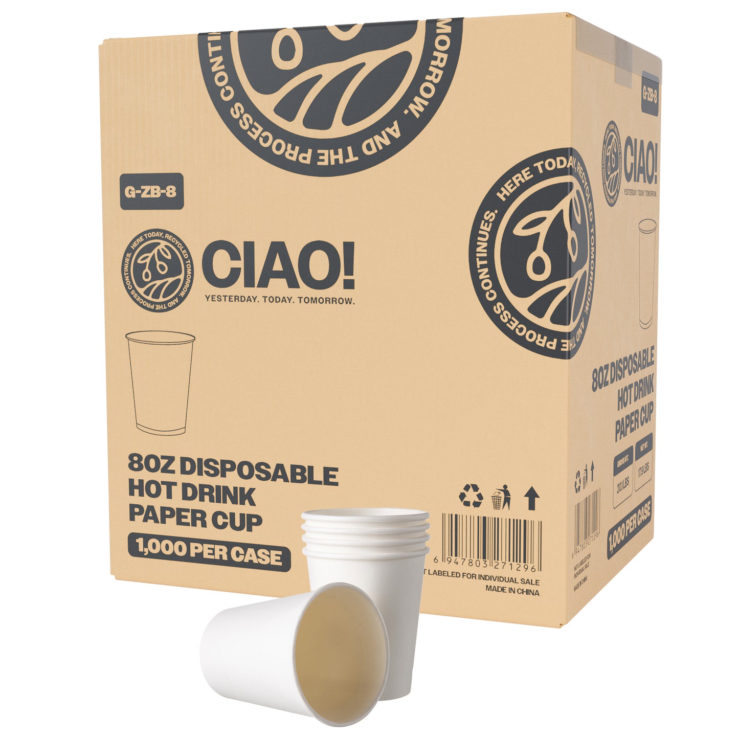 CIAO! Paper Hot Cups, 8 oz Disposable Cup, White, 1,000 Count