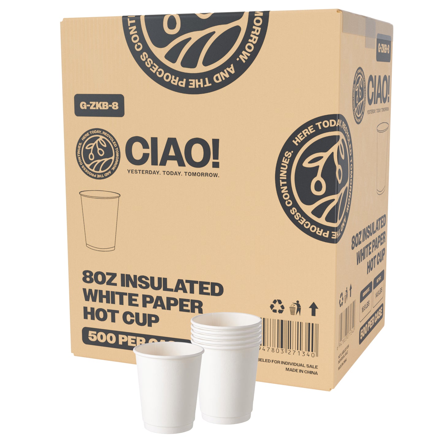 CIAO! 8 oz Insulated Double Wall Paper Hot Cup, White, 500 Count