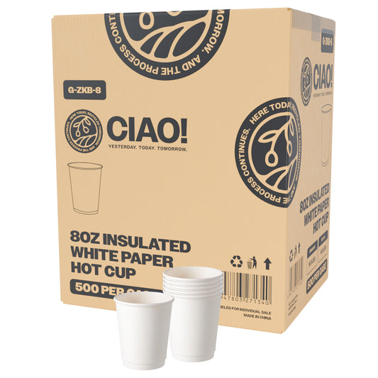 CIAO! 8 oz Insulated Double Wall Paper Hot Cup, White, 500 Count