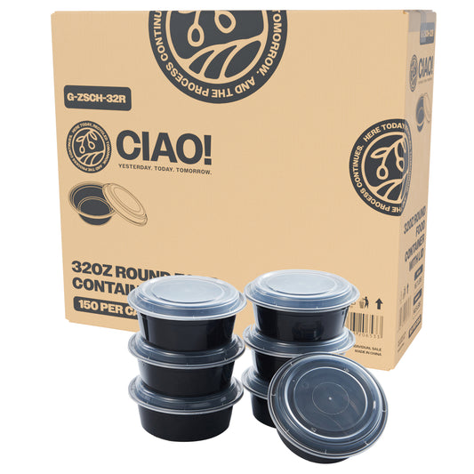 CIAO! 32oz Injection Molded Microwavable Black Round Food Container with Lid (150/case)