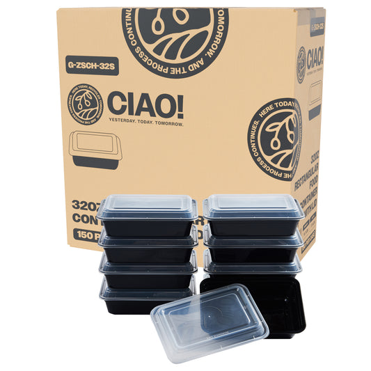 CIAO! 32oz Injection Molded Microwavable Black Rectangular Food Container with Lid (150/case)