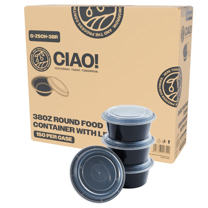 CIAO! 38oz Injection Molded Microwavable Black Round Food Container with Lid (150/case)