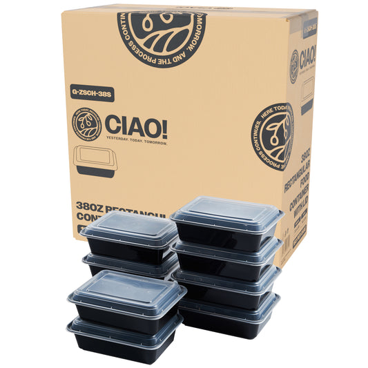 CIAO! 38oz Injection Molded Microwavable Black Rectangular Food Container with Lid (150/case)