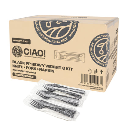 CIAO! Heavy Weight Black Individually Wrapped 3 Piece Cutlery Kit - Knife, Fork, Napkin (Case of 250)