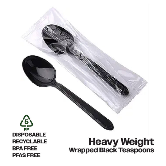 CIAO! Heavy Weight Disposable Black Teaspoons Polypropylene Individually Wrapped (Case of 1,000)