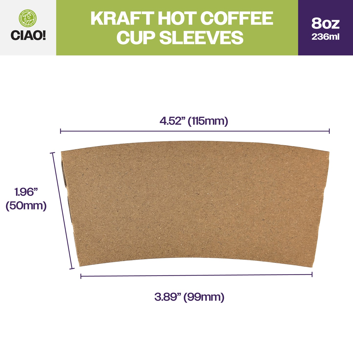 CIAO! Kraft Hot Coffee Cup Sleeves, Fits 8oz Paper Cups, Disposable Insulated Cup Sleeves, Bulk Pack of 1000
