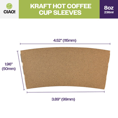 CIAO! Kraft Hot Coffee Cup Sleeves, Fits 8oz Paper Cups, Disposable Insulated Cup Sleeves, Bulk Pack of 1000