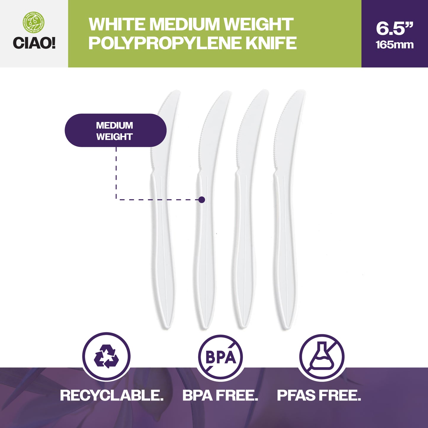 CIAO! Medium Weight Disposable White Knife Polypropylene (Case of 1,000)