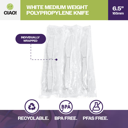 CIAO! Medium Weight Disposable White Knife Polypropylene Individually Wrapped (Case of 1,000)