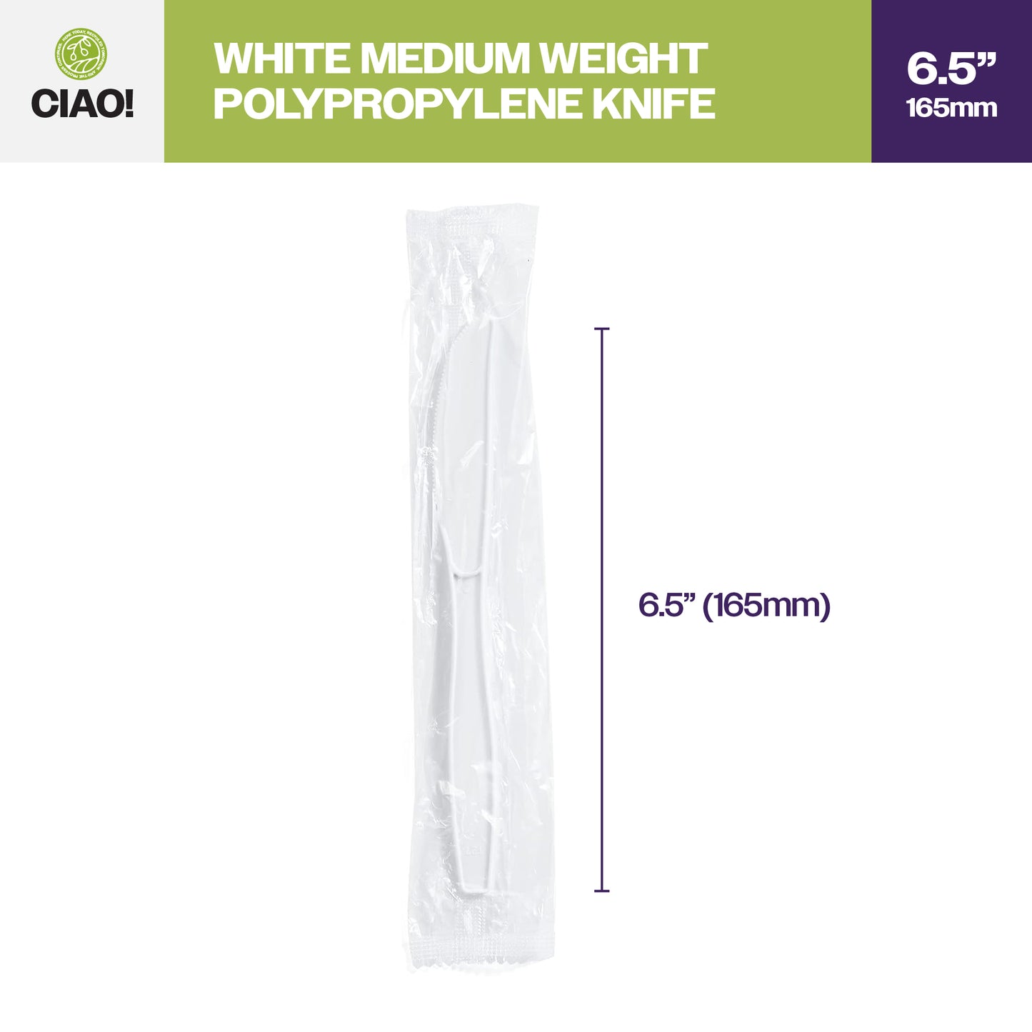 CIAO! Medium Weight Disposable White Knife Polypropylene Individually Wrapped (Case of 1,000)