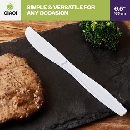 CIAO! Medium Weight Disposable White Knife Polypropylene Individually Wrapped (Case of 1,000)