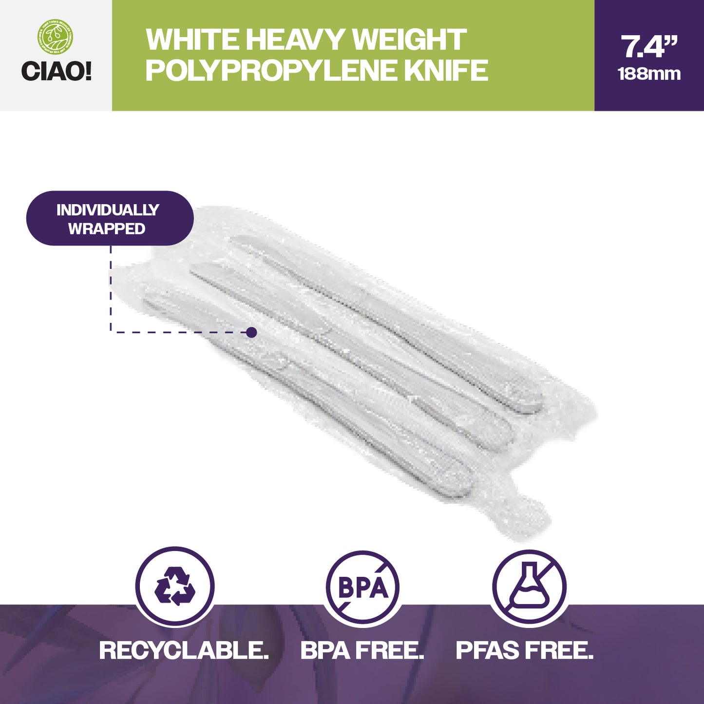 CIAO! Heavy Weight White Knife Polypropylene Individually Wrapped (Case of 1,000)
