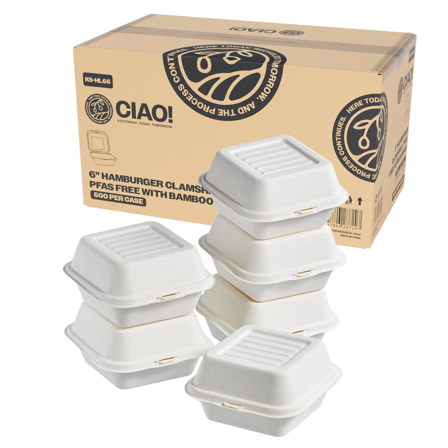 CIAO! 6"x6"x3" Clamshell 1 Compartment 100% Compostable Ecofriendly PFAS Free Unbleached Bagasse Natural White (500/case) …