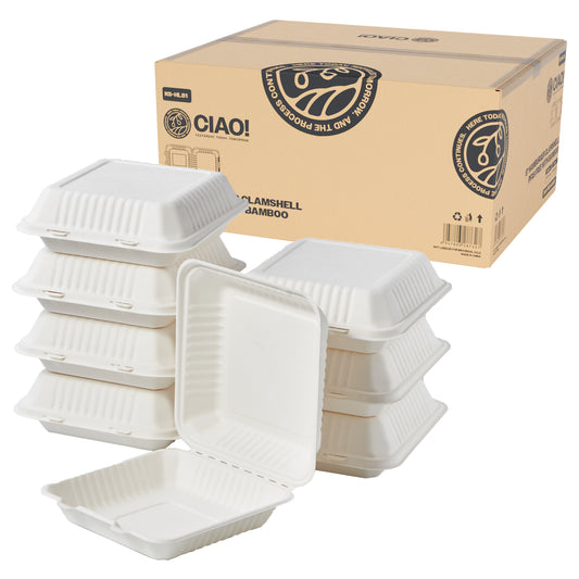 CIAO! 8"x8"x3" Clamshell 1 Compartment 100% Compostable Ecofriendly PFAS Free Unbleached Bagasse Natural White (200/case) …